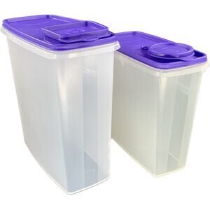 Tupperware Cereal Storage Containers 19 & 13 Cups Purple Lids Clear Frosted
